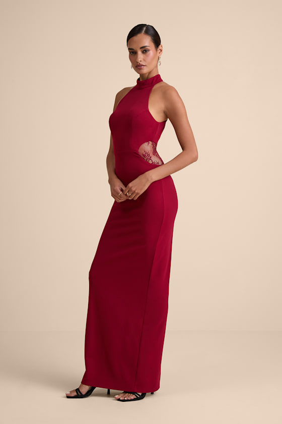 Vira Red Mock Neck Lace Cutout Maxi Dress 5