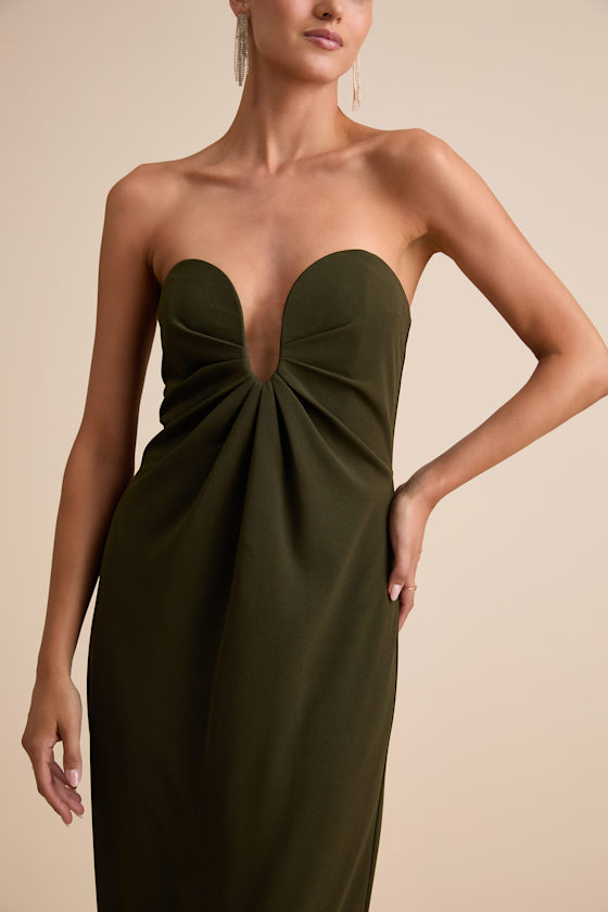 Olive Crepe Knit Dress - Column Maxi Dress - Cutout U-Bar Dress