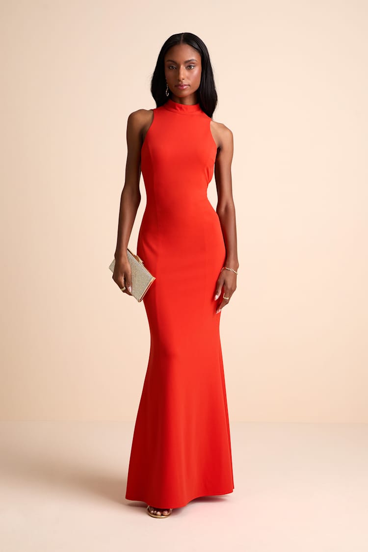 Damaris Bright Orange Mock Neck Backless Maxi Dress