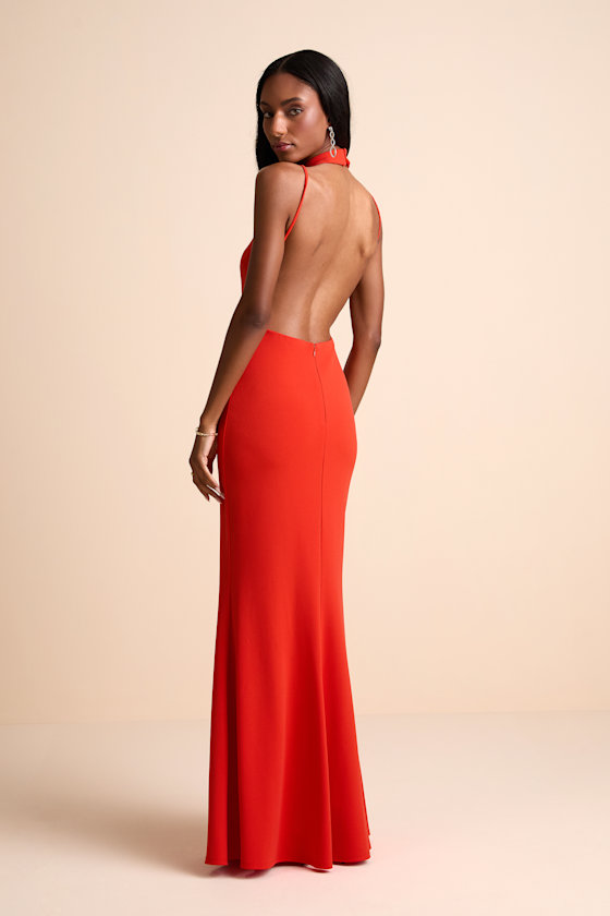 Damaris Bright Orange Mock Neck Backless Maxi Dress 3