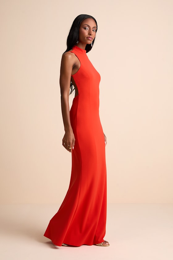 Orange Mock Neck Dress - Backless Maxi Dress - Mermaid Maxi Dress - Image 4