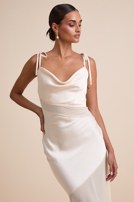 Enara Cream Satin Mesh Tie-Strap Asymmetrical Midi Dress 1