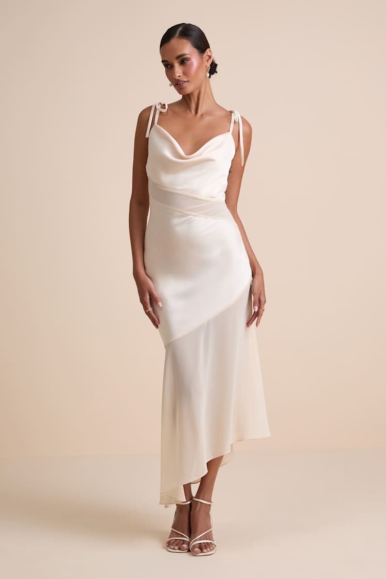 Enara Cream Satin Mesh Tie-Strap Asymmetrical Midi Dress