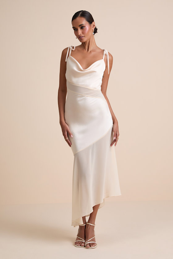 Enara Cream Satin Mesh Tie-Strap Asymmetrical Midi Dress 2