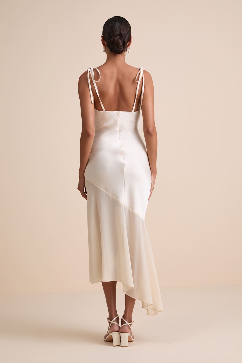 Enara Cream Satin Mesh Tie-Strap Asymmetrical Midi Dress