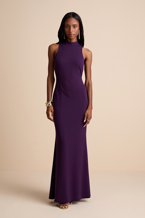 Purple Mock Neck Dress - Backless Maxi Dress - Mermaid Maxi Dress