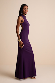 Damaris Dark Purple Mock Neck Backless Maxi Dress 4