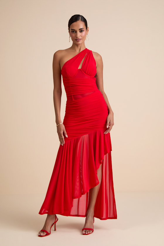 Marcellina Red Mesh Ruched One-Shoulder Maxi Dress 1