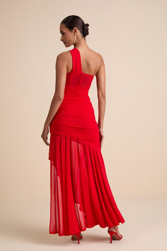 Lulus Marcellina Red Mesh Ruched One-shoulder Maxi Dress In Red