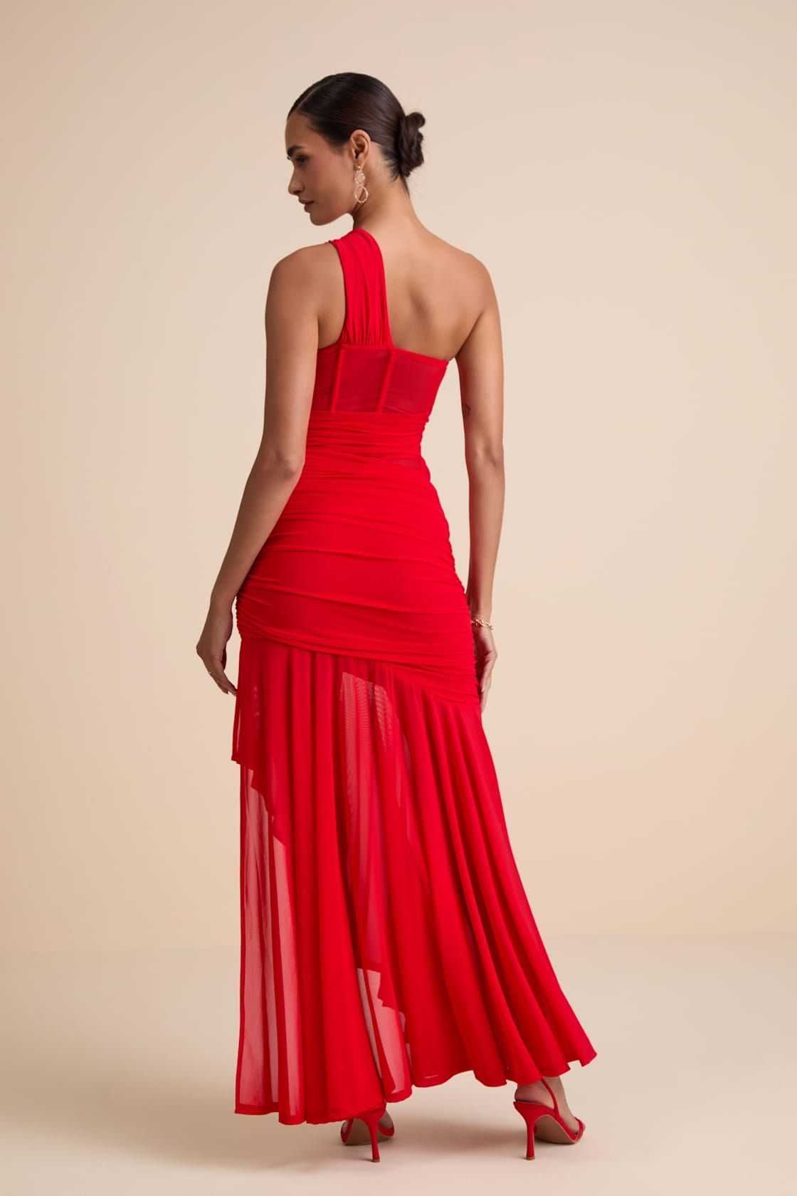 Marcellina Red Mesh Ruched One-Shoulder Maxi Dress