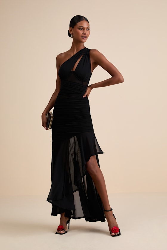 Lulus Marcellina Black Mesh Ruched One-shoulder Maxi Dress In Black