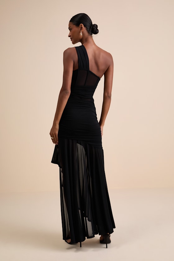 Lulus Marcellina Black Mesh Ruched One-shoulder Maxi Dress In Black