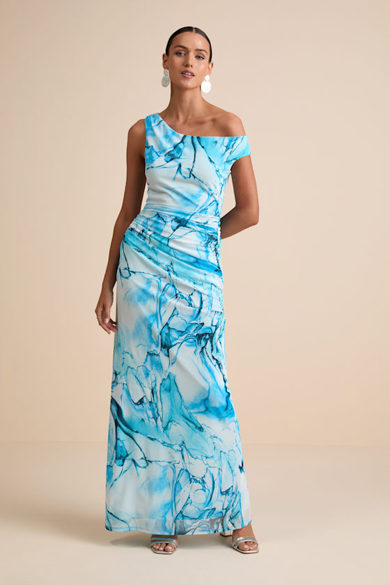 Light Blue Marbled Dress - One-Shoulder Dress - Ruched Maxi Dress - Image 4