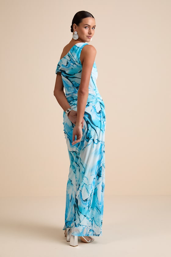 Light Blue Marbled Dress - One-Shoulder Dress - Ruched Maxi Dress - Image 5