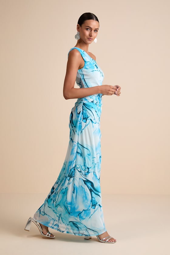Jojo Light Blue Marbled Ruched One-Shoulder Maxi Dress 4
