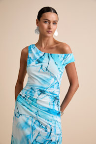 Jojo Light Blue Marbled Ruched One-Shoulder Maxi Dress 5