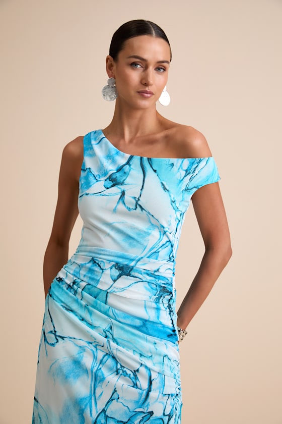 Jojo Light Blue Marbled Ruched One-Shoulder Maxi Dress 5