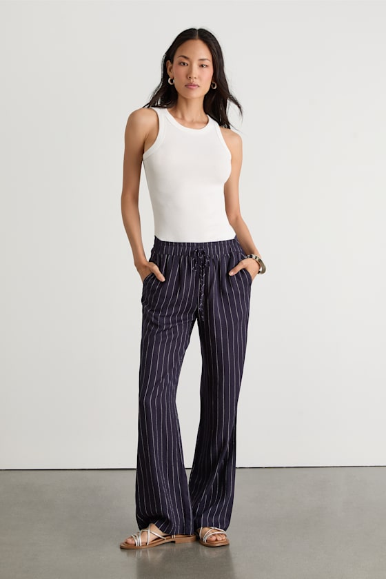 Navy Pinstriped Pants - Pull-On Linen Pants - Wide-Leg Pants - Lulus