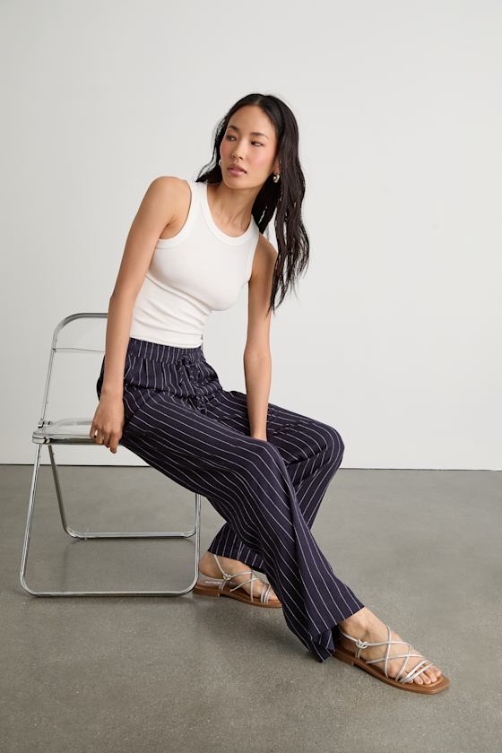 Aravah Navy Pinstriped Linen Wide-Leg Pants 2