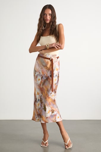 Shalia Multi Abstract Floral Satin Midi Skirt 1