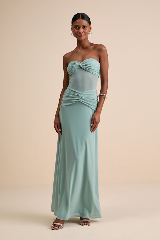 Lulus Ursella Sage Blue Mesh Strapless Maxi Dress In Green