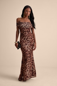 Dunia Brown Leopard Print Mesh Off-the-Shoulder Maxi Dress 1