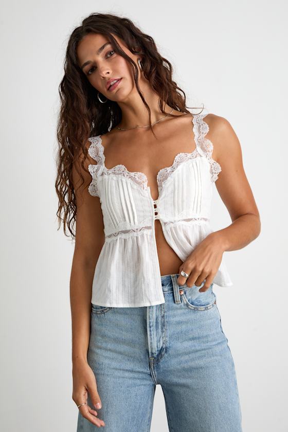 White Eyelet Top - Lace-Trimmed Tank Top - Button-Front Crop