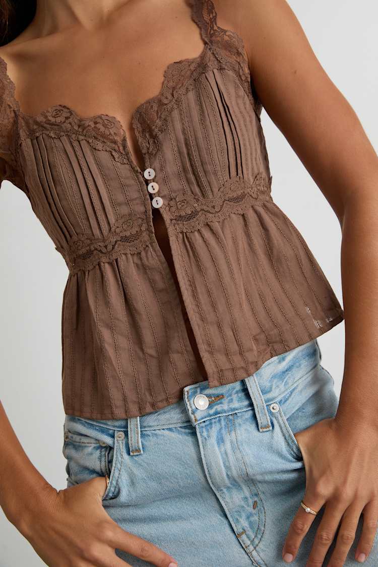 Yanika Brown Eyelet Lace Tank Top