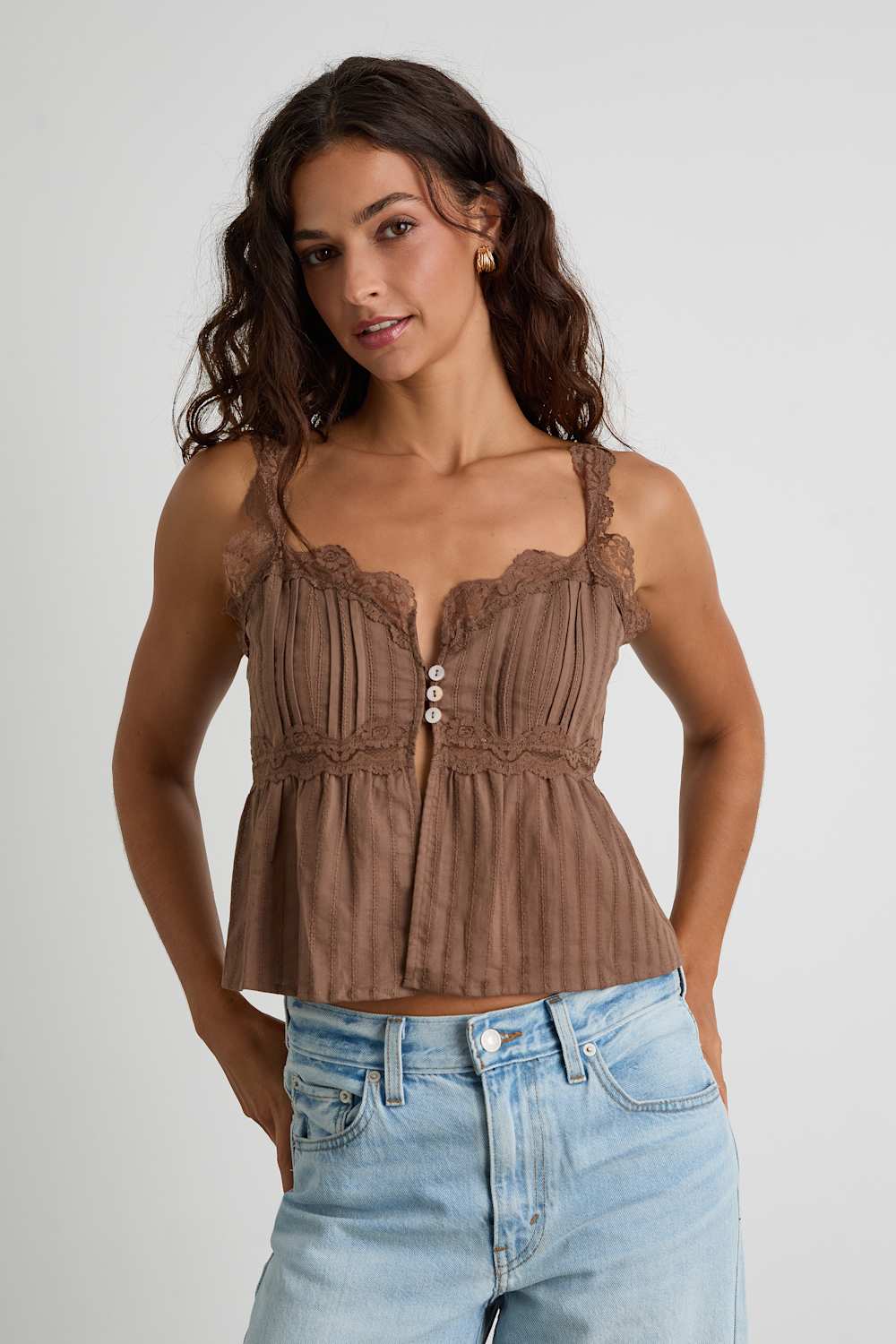 Yanika Brown Eyelet Lace Tank Top