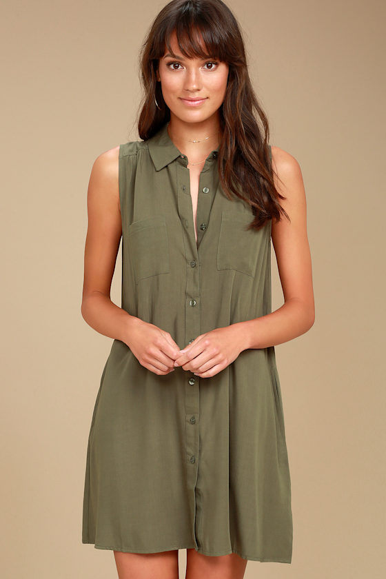 Chic Olive Green Dress Shirt Dress Sleeveless Dress Lulus