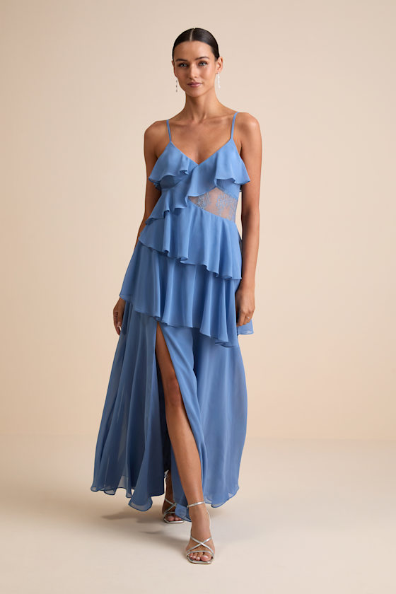Dalena Dusty Blue Ruffled Lace Maxi Dress 2