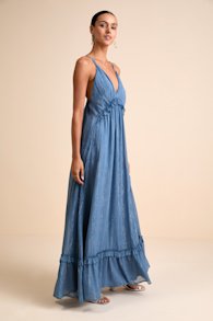 Massiel Blue Lurex Ruffled Maxi Dress 1