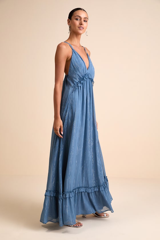Massiel Blue Lurex Ruffled Maxi Dress 1
