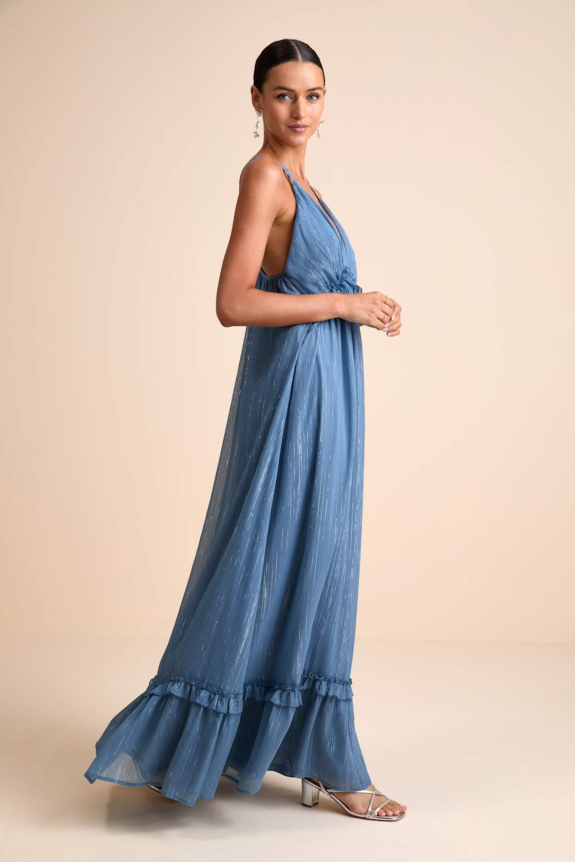 Massiel Blue Lurex Ruffled Maxi Dress