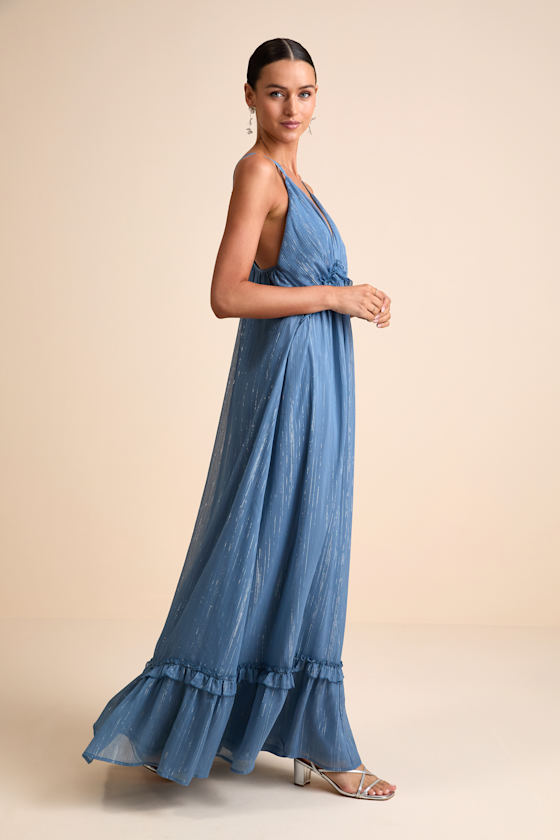 Massiel Blue Lurex Ruffled Maxi Dress 4