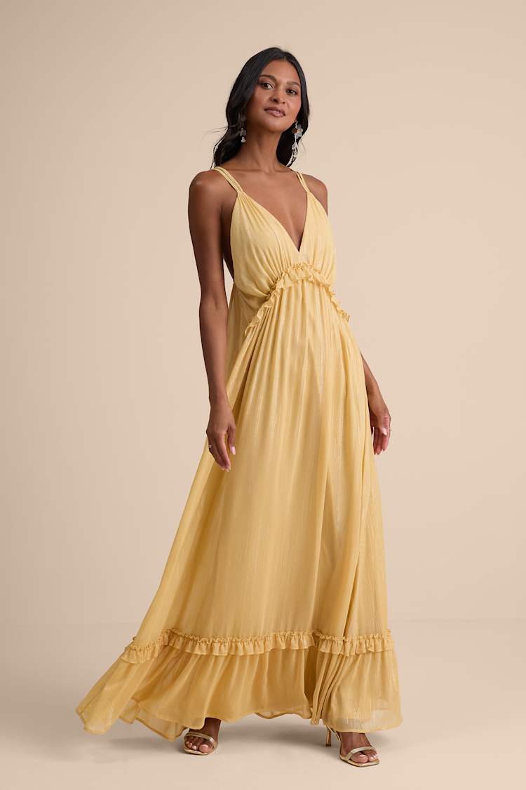 Massiel Yellow Lurex Ruffled Maxi Dress