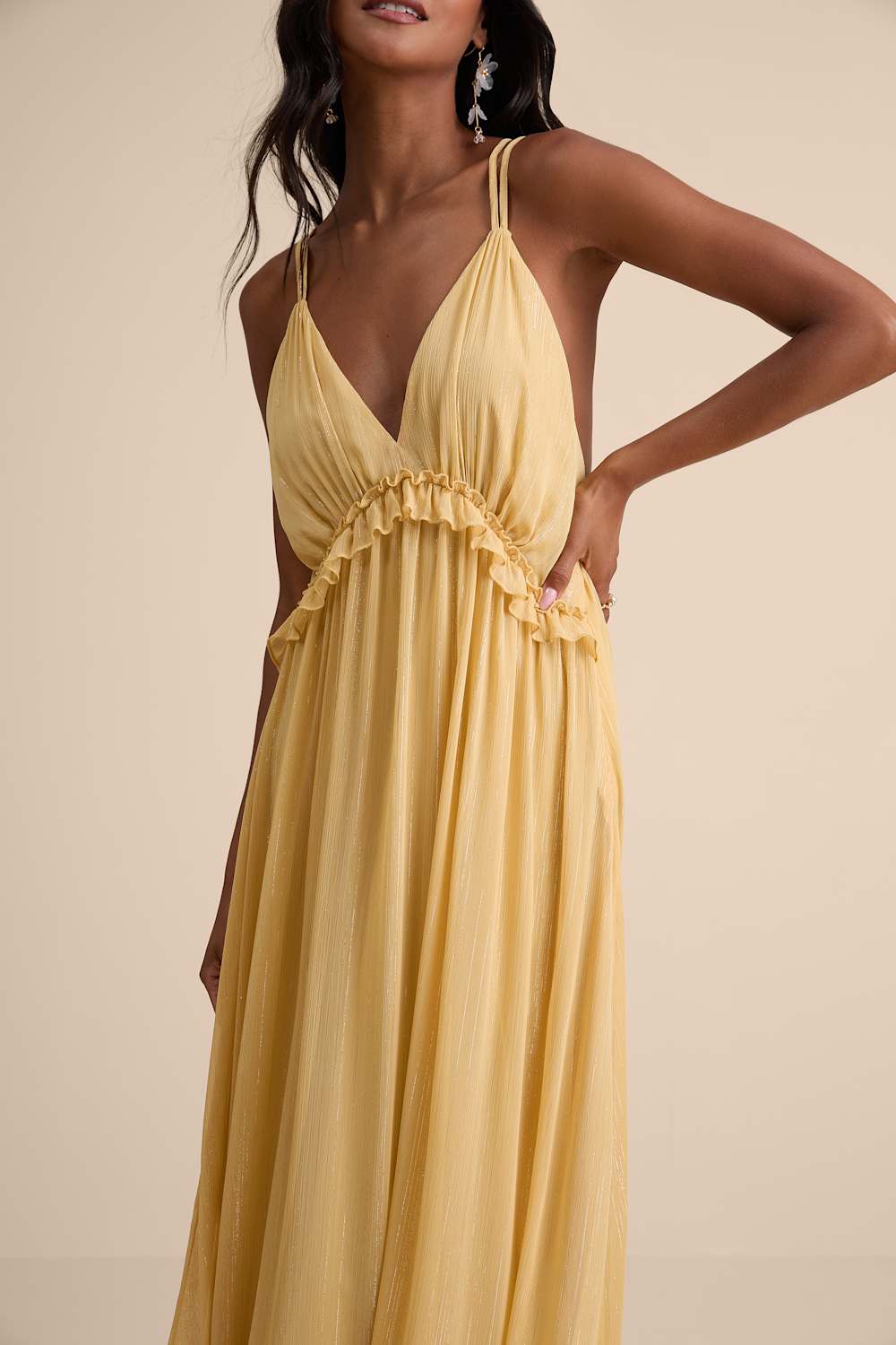 Massiel Yellow Lurex Ruffled Maxi Dress