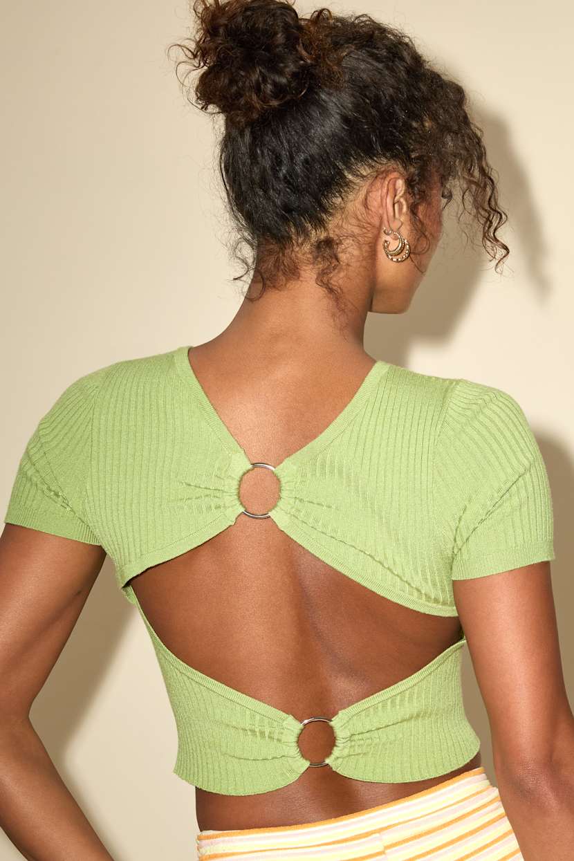 Yakina Lime Green Sweater Knit Cutout Crop Top