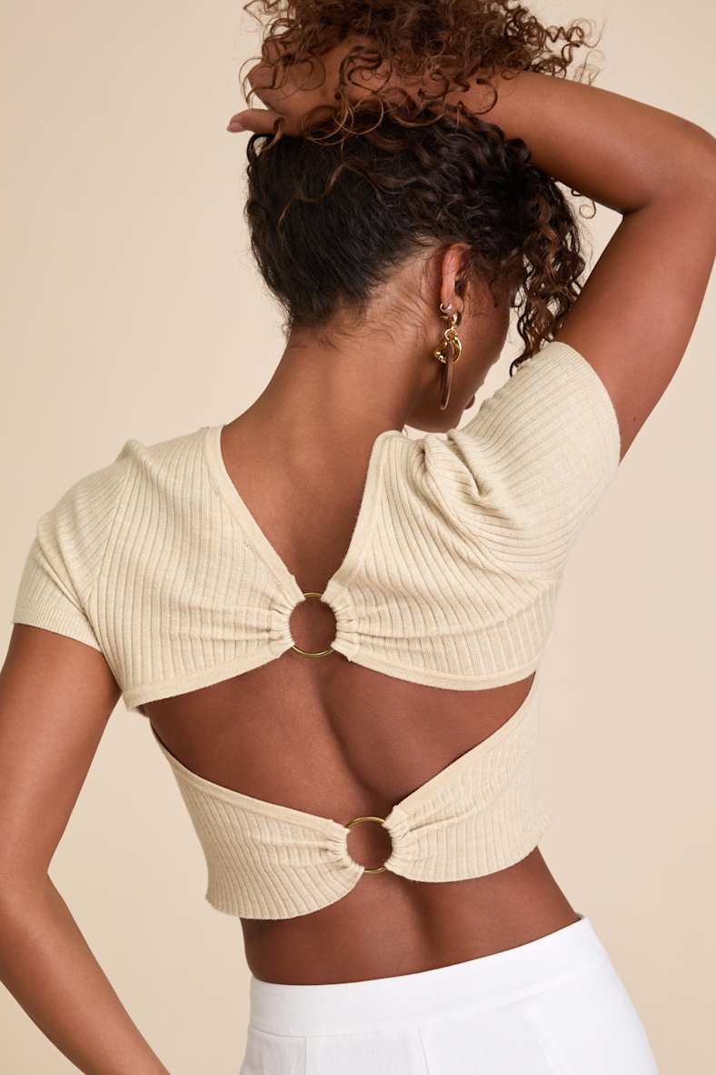 Yakina Beige Sweater Knit Cutout Crop Top