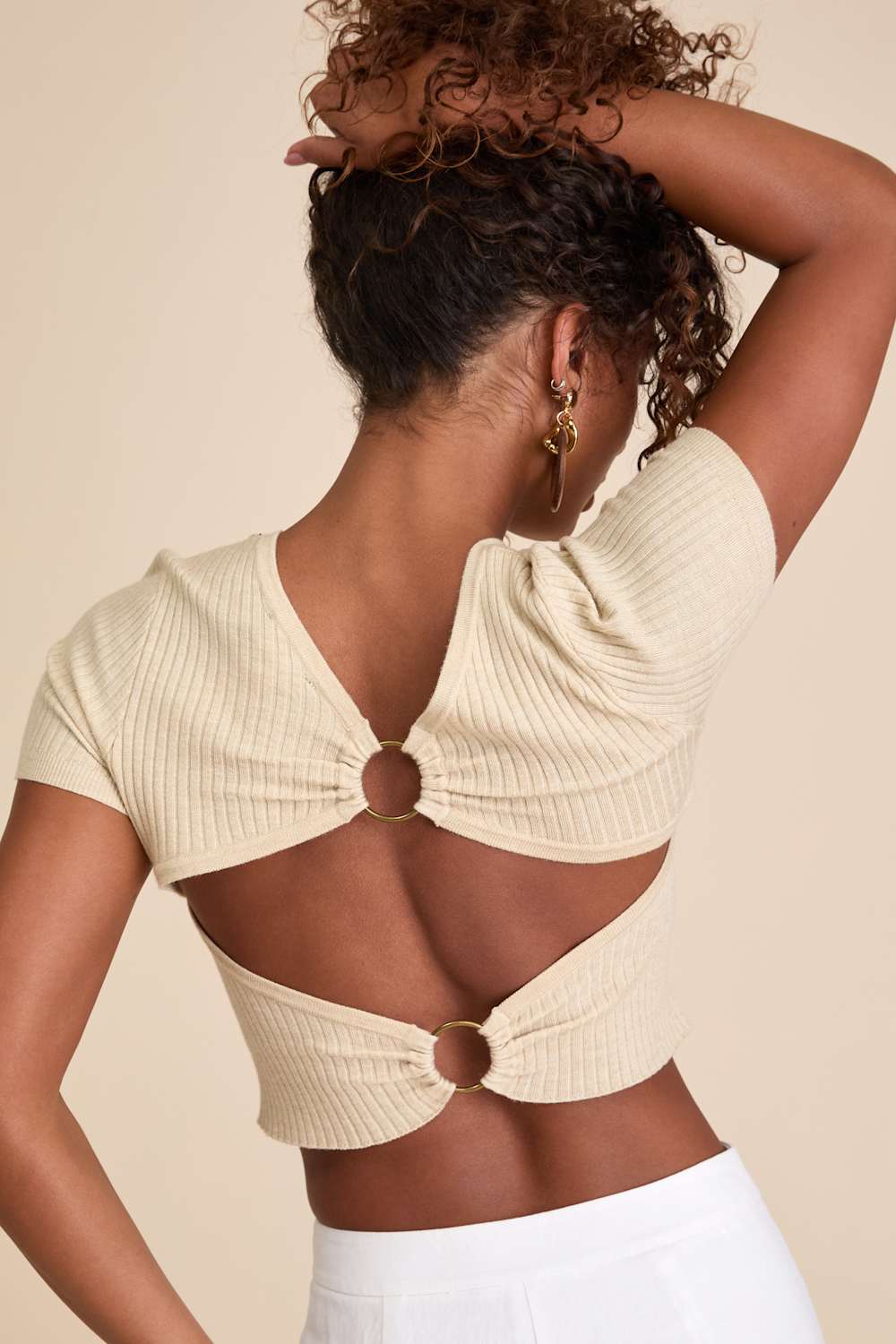 Yakina Beige Sweater Knit Cutout Crop Top