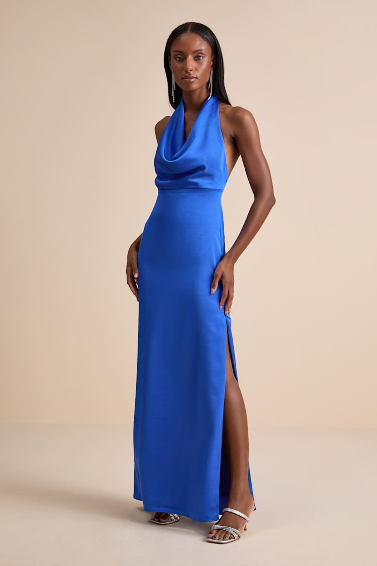 navy blue dress for baby girl Blue Satin Halter Neck Backless Maxi Dress | Womens | X-Large (Available in Xs) | 100% Polyester