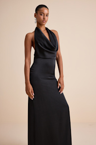Carmelo Black Satin Halter Neck Backless Maxi Dress 1
