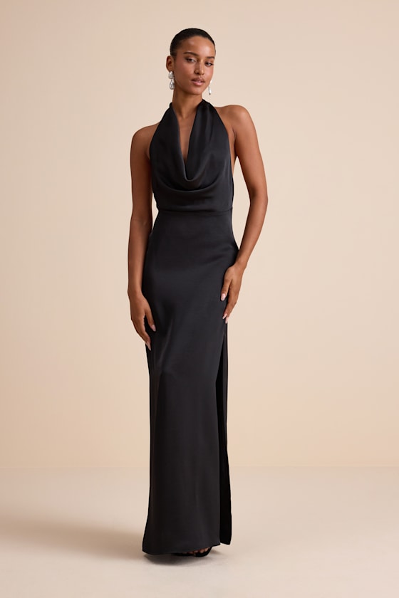 Carmelo Black Satin Halter Neck Backless Maxi Dress