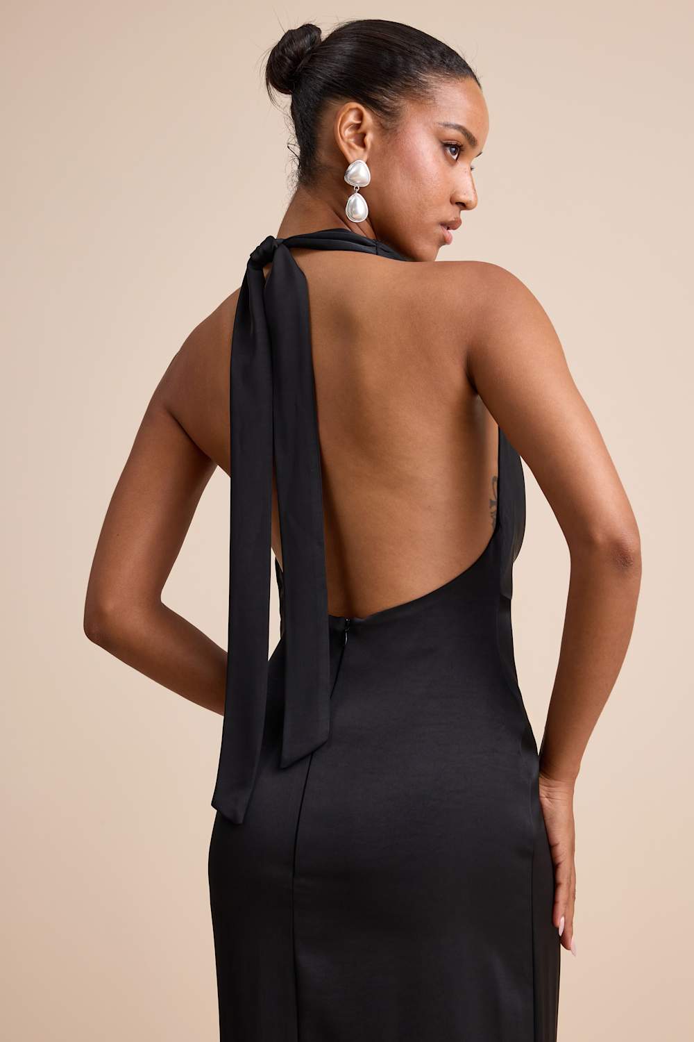 Carmelo Black Satin Halter Neck Backless Maxi Dress