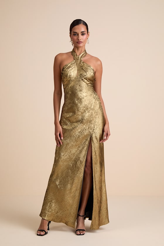 Lulus Knoxley Shiny Gold Lurex Cross-front Halter Maxi Dress In Green