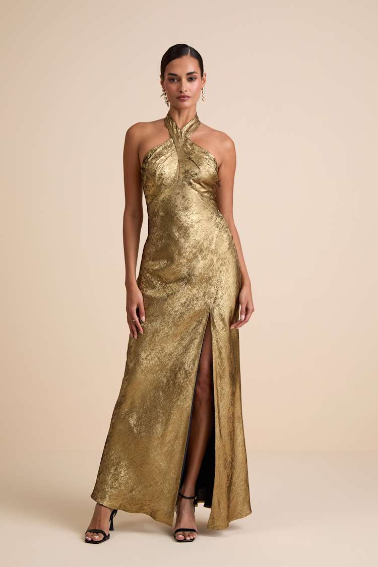 Knoxley Shiny Gold Lurex Cross-Front Halter Maxi Dress
