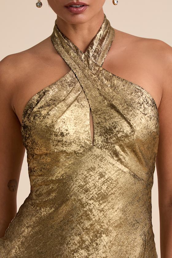 Lulus Knoxley Shiny Gold Lurex Cross-front Halter Maxi Dress In Green