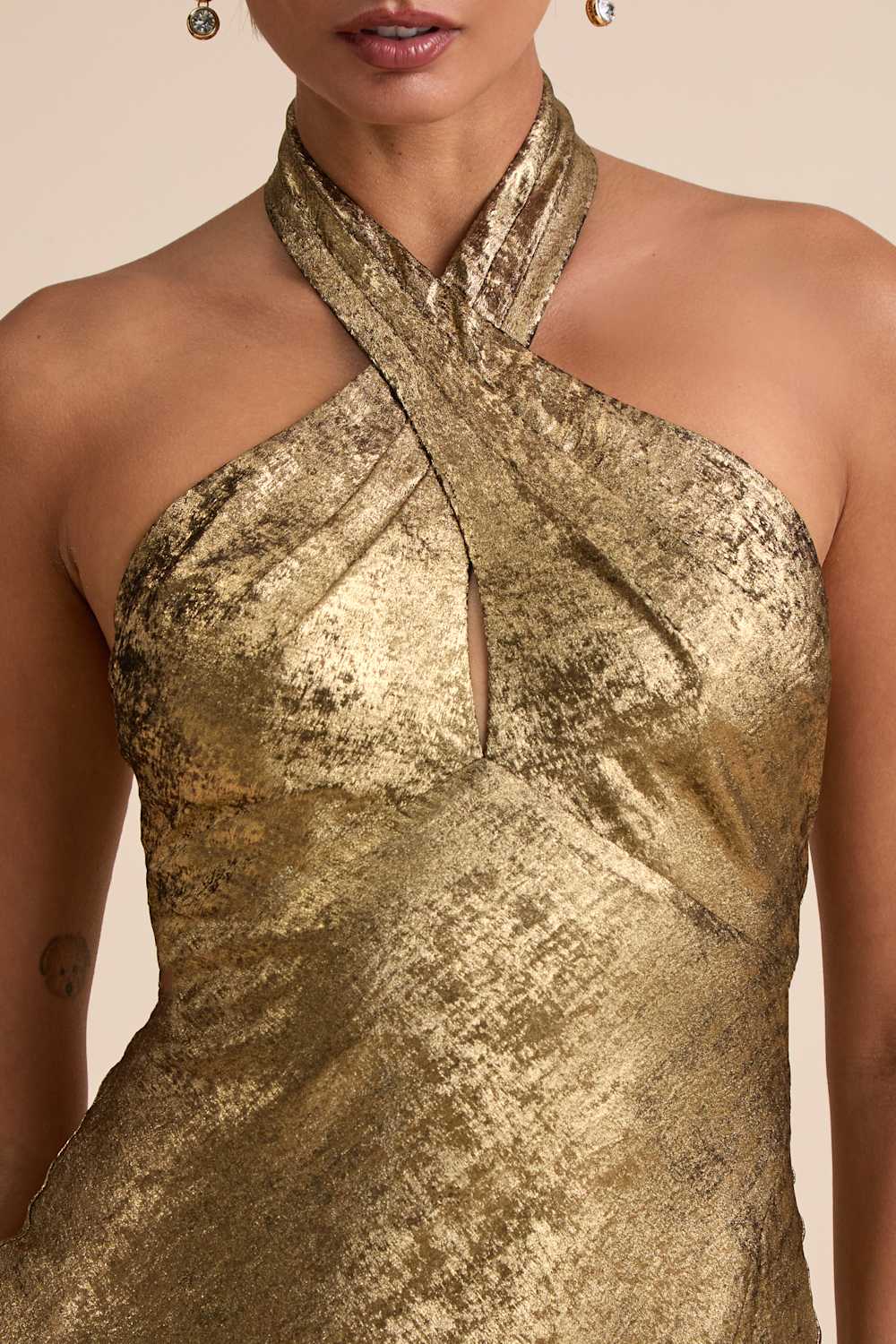 Knoxley Shiny Gold Lurex Cross-Front Halter Maxi Dress