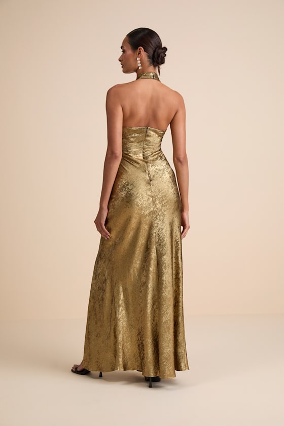 Lulus Knoxley Shiny Gold Lurex Cross-front Halter Maxi Dress In Green