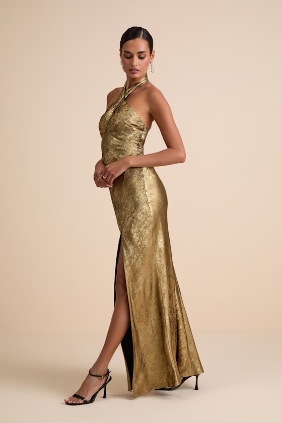 Shiny Gold Lurex Dress - Cross-Front Halter Dress - Maxi Dress - Image 4